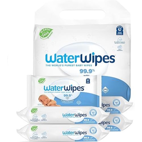 WaterWipes Plastic-Free Original Baby Wipes, 99.9% Water Based Wipes, Unscented & Hypoallergenic for Sensitive Skin, 300 Count (5 packs)