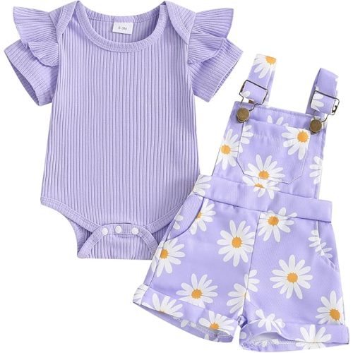 Rtnnsbbfcm Newborn Baby Girl Clothes Summer Outfit Short Sleeve Ribbed Romper Floral Suspender Overalls Shorts Set