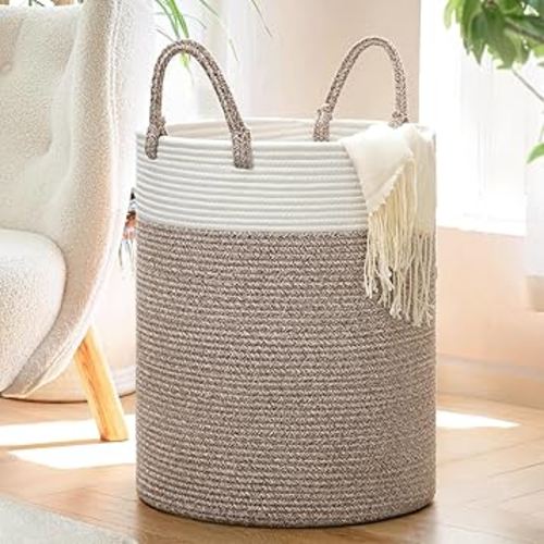 INDRESSME Tall Wicker Laundry Basket, Large Woven Clothes Hamper for Bedroom, Bathroom, Living room, Tall Nursery Hamper for Blankets, Toys, 16 x 20 inches White & Brown