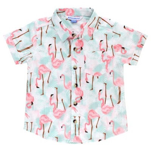 RuggedButts Vibrant Flamingo Short Sleeve Button Down Shirt - Multi-Color, 3-6 Months