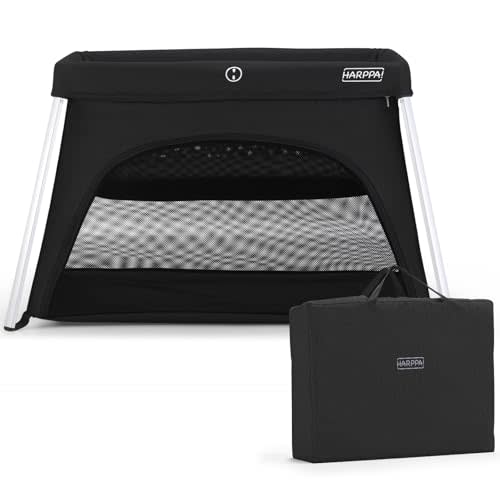 HARPPA Travel Crib with Comfy Mattress, Lightweight Portable Crib Requires No Assembly, Foldable Pack and Play for Baby and Toddlers, Compact Play Yard with Bed,Black