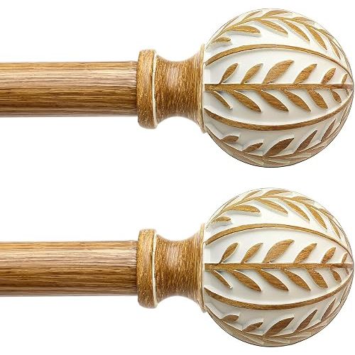 QDWIS 2 Pack Boho Wood Curtain Rods for Windows 28 to 48 inch,1" Adjustable Heavy Duty Window Curtain Rod with Imitation Wood Grain Finials,Rustic Decorative Drapery Rods Set 18-60'',Maple Wood