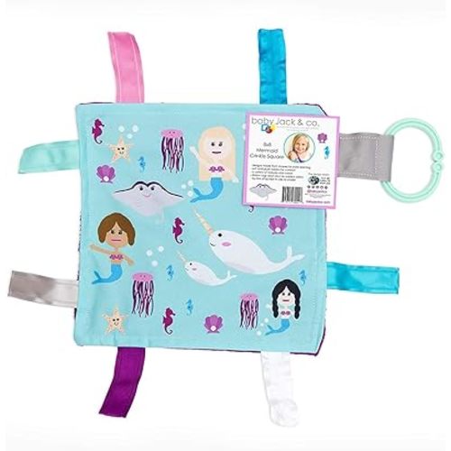 Lovey Chew Blanket Crinkle Toy Tag Square Sensory by Baby Jack (Mermaids and Narwhals)