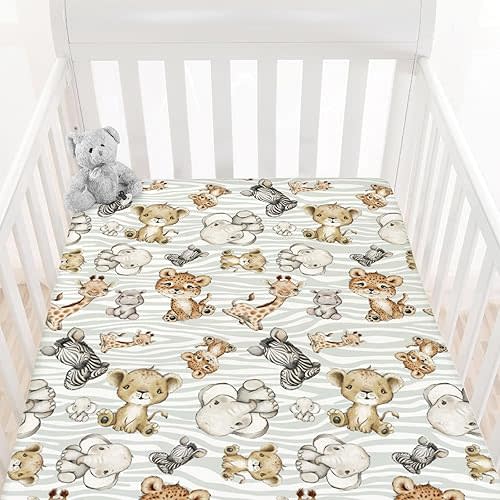 HawSkgFub Safari Jungle African Animals Fitted Standard Baby Crib Sheet Boy Girl, Giraffe Lion Tiger Elephant Zebra Toddler Mattress Cover, Soft Stretchy Nursery Bed Sheets Decor Kids Gift 52” x 28”