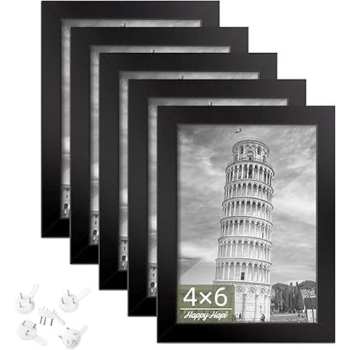 HappyHapi 4x6 Picture Frame Set of 5, Photo Frames for 4x6 Pictures Wall Gallery Black 4x6 Frames Tabletop or Wall Mount Display for Prints, Photos, Paintings, Landscape and Kids Artwork (Black)