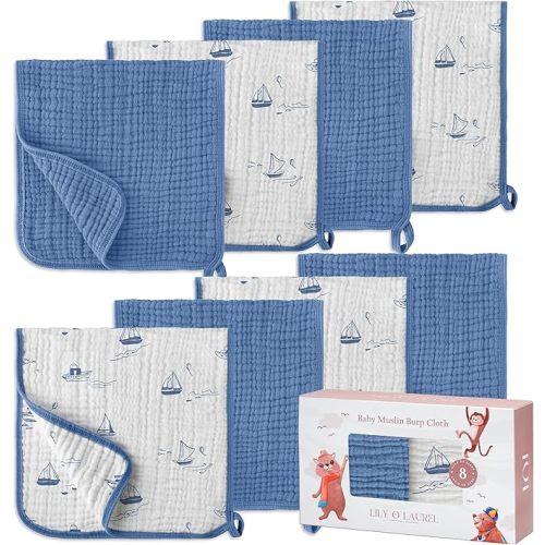 Muslin Burp Cloths, 20"x10"- Pack of 8, 6 Layers Super Soft Absorbent & Breathable 100% Cotton for Baby Drool and Messes, Burp Cloth Baby Boy and Burp Cloths Baby Girl