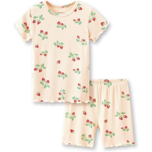 Beezizac Toddler & Little Girls Pajamas Cute Ditsy Floral/Strawberry Fruit Tee & Shorts PJ Spring Set Kid Size 2T- 10