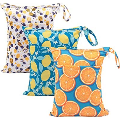 babygoal Wet Dry Bags for Baby Cloth Diapers, Washable Travel Bags, Beach, Pool, Gym Bag for Swimsuits & Wet Clothes with Two Zippered Pockets 3 Pack, 3LN22