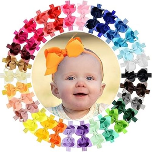 WillingTee Baby Girls 4.5 Inch Grosgrain Ribbon Boutique Hair Bows Headband, 30 Colors - Fantastic Hair Accessories for Baby Girls, Infants, Toddlers, Kids, Children & Teens