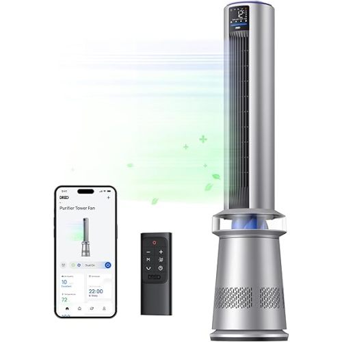 DREO MC710S Air Purifier Tower Fan, 45" 2-in-1 Smart Fan for Bedroom, 27ft/s Velocity, 120°Oscillation, 24H Timer Bladeless Fans for Home, 25dB Low Noise, Standing Fan Works with Alexa, Silver Blue