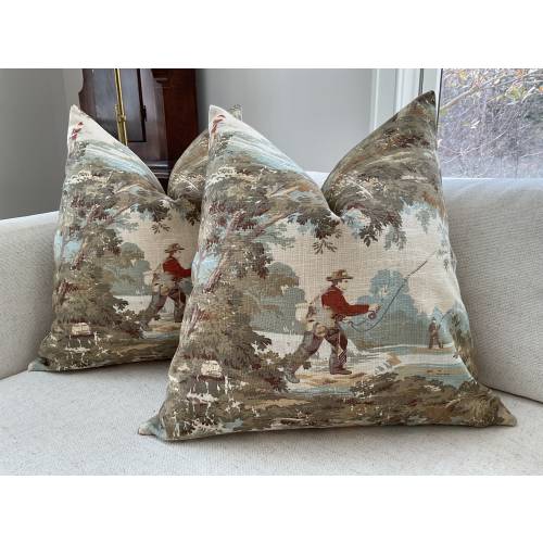 Avondale Vintage fishing (or hunting) scene in toile pillow cover