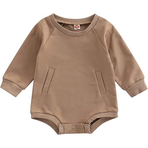 Hoanselay Newborn Infant Baby Boy Girl Basic Plain Pocket Long Sleeve Romper Bodysuit Tops Solid Fall Outfit Clothes - Brown