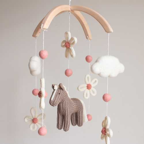 Floral Horse Baby Mobile: Knitted Boho Farm Nursery Decor with Pony, Daisies and Clouds