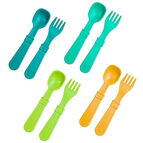 Re-Play Toddler Forks and Spoons Set - 4x4 Toddler Utensils Set - Dishwasher and Microwave Safe - Made in USA - Pack of 8-5.8" x 1.2" x 0.2" - Aqua Asst
