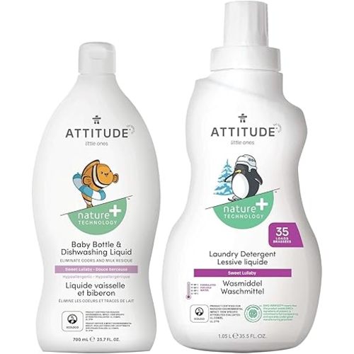 Bundle of ATTITUDE Baby Bottle and Dishwashing Liquid, EWG Verified, Vegan, Sweet Lullaby, 23.7 Fl Oz + Baby Laundry Detergent, EWG Verified, HE Compatible, Sweet Lullaby, 35 Loads, 1.05 Liters