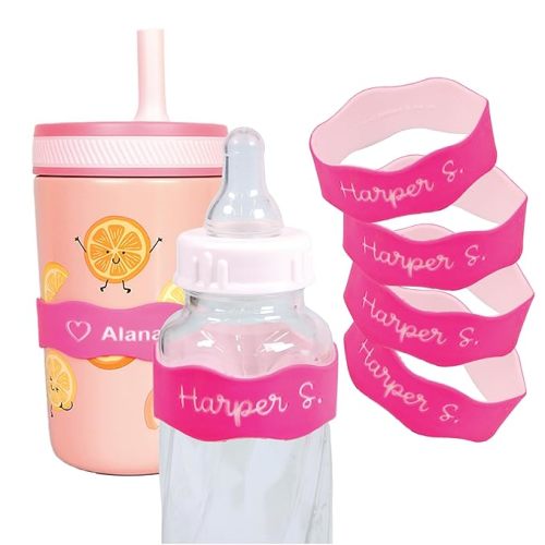 InchBug Daycare Labels Baby Bottle and Water Bottle Silicone Name Bands – Personalized Reusable Label Set for Daycare, Sippy Cups, Preschool, Elementary School, Dishwasher Safe, 4-Pack (Flamingo Pink)