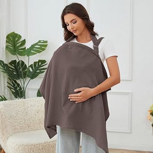 Nursing Cover for Baby Breastfeeding with Rigid Hoop, Breathable Soft 100% Muslin Cotton, Baby Breast Feeding & Pumping Apron, Multi Use Baby Car Seat Stroller Cover (Coffee)