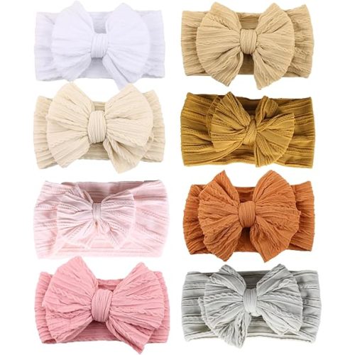 8Pcs Baby Girls Headbands Hair Bows Handmade Soft Stretchy Nylon Hair Band With Bows Hair Accessories for Newborn Baby Girls Toddler Kids