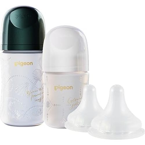 Pigeon Glass Baby Bottle Feeding Gift Set with Silicone Coating, Nurture & Nest, Anti-Colic Wide Neck & Latch-On Nipple, 2 Bottles (5.4/8.1 Oz) and 2 Extra Stage 2/4 Nipples
