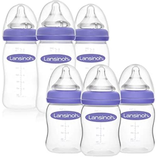 Lansinoh Anti-Colic Baby Bottles for Feeding Babies, 3 Count Each of 5 Ounces and 8 Ounces, 6 Bottles Total, Includes 3 Medium Flow Nipples (Size M) and 3 Slow Flow Nipples (Size S)