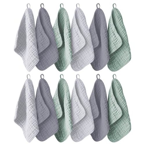 Ease Cubs 12 Pack Muslin Washcloths for Baby - 100% Cotton Baby Wash Cloths for or Baby Face Body Comfy and Soft for Newborn Infants Kids Girls and Boys - 12"x12" - Grey, Green and Slate