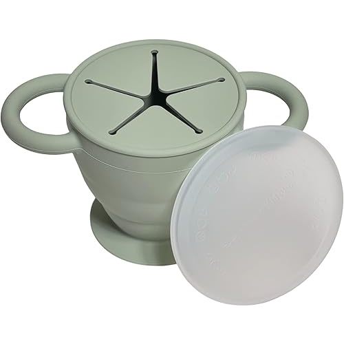 BraveJusticeKidsCo. | Snack Attack II Snack Cup | Collapsible Silicone Snack Container | Toddler and Baby Snack Catcher Lid (Desert Sage)