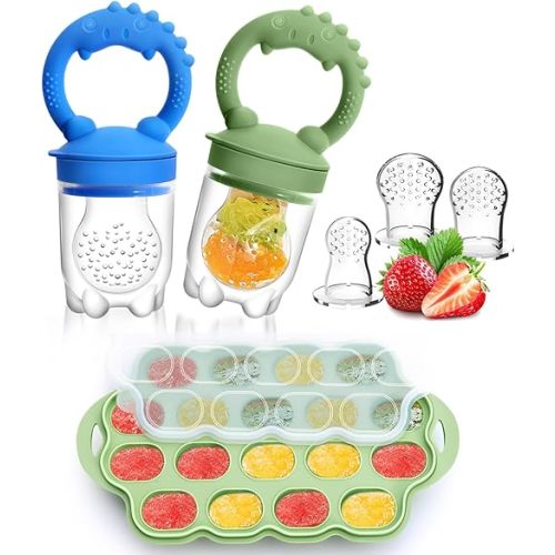 Silicone Baby Fruit Feeder & Breastmilk Popsicle Molds Freezer Tray with Lid, 2 Pack Baby Food Feeder to Teething Relief, Introduce New Foods, Self Feeding, Includes 6 Food Pacifiers (Green+Dark Blue)