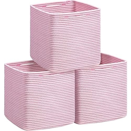 UBBCARE Storage Cubes, 13 X 13 X 13 inch Cube Storage Bins for Organizing, 3 Pack Cotton Rope Baskets with Handles, Storage Baskets for Shelves, Closet, Toy Bins-Pink