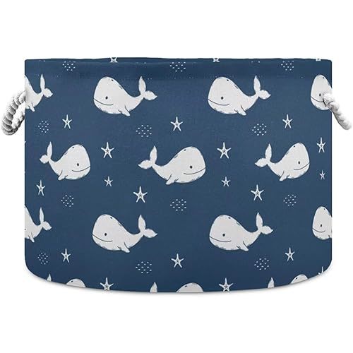 Navy Blue Whale Print Round Storage Basket Ocean Animal Large Laundry Hamper 20 x 20 x 14 Inches Organizer Bin Blanket Storage Bag for Bedroom Bathroom Nursery Living Room Decoration