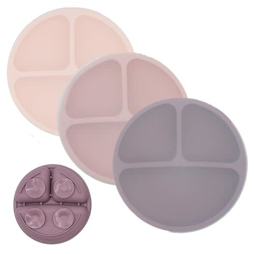 WeeSprout Suction Plates with Lids for Babies & Toddlers, 100% Silicone Dinnerware Stays Put, Divided Design for Picky Eaters, Microwave & Dishwasher Friendly, 3 Pack (Matte Pink, Purple, Blush Pink)