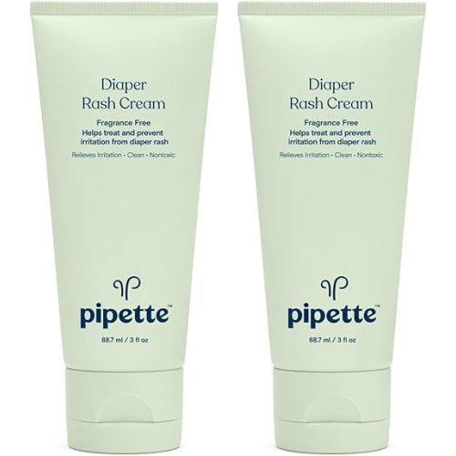 Pipette Diaper Rash Cream - Relieve & Prevent Diaper Rash with Non-Nano Zinc Oxide, Fragrance-Free Baby Butt Cream, Non-Toxic Daily Protective Balm, 3 fl oz (2 Pack)