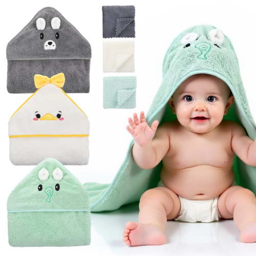KABOER 6 Pcs Baby Bath Towels, Hooded Baby Towels & Washcloths, Ultra Absorbent Cute Soft Newborn Essentials Gift for Boys & Girls