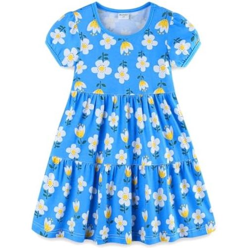 Bumeex Girl's Dresses Cotton Ruffle Sleeve Tiered Swing A-Line Cute Midi Casual Sundress