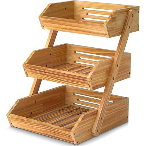 3 Tier Wooden Fruit Basket For Kitchen, Bread Vegetable Fruit Basket Bowl Stand, Farmhouse Fruit Bowl for Countertop, Large