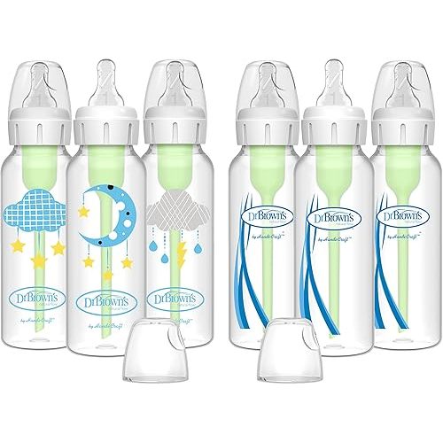 Dr. Brown’s Natural Flow® Anti-Colic Options+™ Narrow Baby Bottles 8 oz/250 mL, with Level 1 Slow Flow Nipple, 6 Pack, 0m+ Moon/Clouds Gift Set