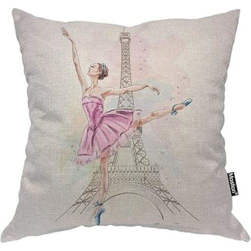 Ballerina Throw Pillow Cover Eiffel Tower Dancer Paris Eiffel Tower Beautiful Woman Posing Square Pillow Case Cushion Cover for Home Car Decorative Cotton Linen 18x18 Inch