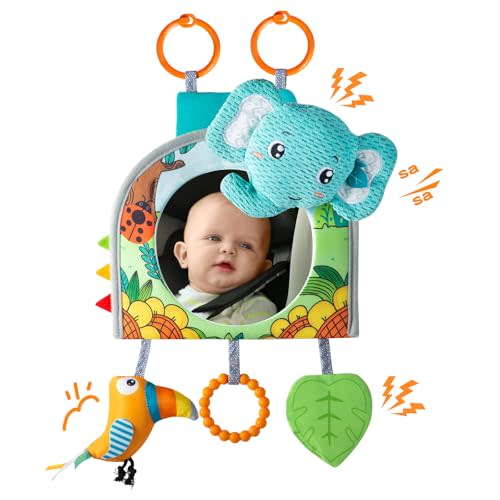 Lynncare Car Seat Toy, Baby Car Mirror for Rear Facing, Travel Baby Activity Center with Hanging Engaging Toys for Infants Babies 0-6-12-18 Months Boy Girl