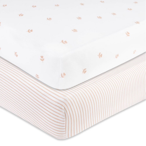 Ely’s & Co. Crib Sheet 2-Pack — Combed, 100% Jersey Cotton for Baby Girl — Rosewater Pink, Pin Dots & Gingko Leaves