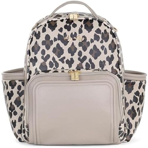 Itzy Ritzy Mini Plus Diaper Bag Backpack – Chic Mini Diaper Bag with Changing Pad, 10 Total Pockets (6 Internal and 4 External), Grab-Top Handle and Rubber Feet (Leopard)