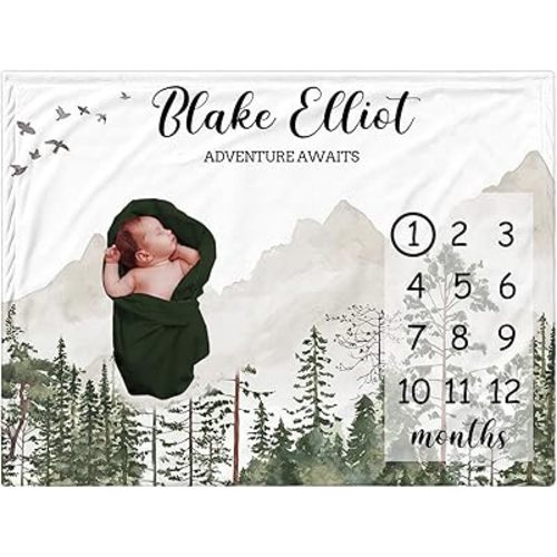 Mountains Milestone Blanket, Personalized Woodland Forest Baby Blanket with Name, Custom Blanket for Boys Girls Kids, Monthly Growth Tracker, New Baby Gift