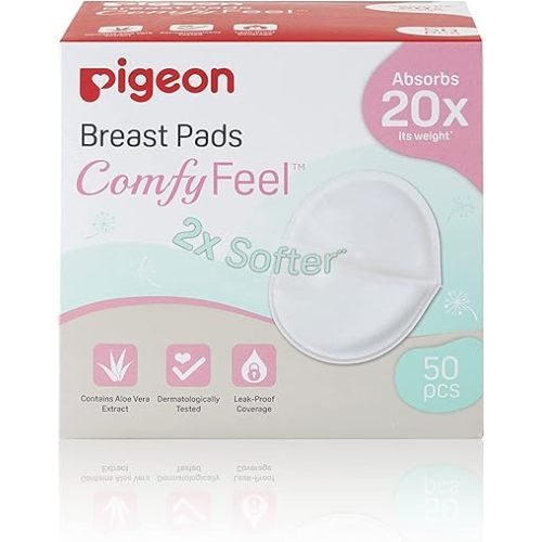 Pigeon ComfyFeel Breast Pads with Aloe Vera Extract, Ultra-Soft & Super Absorbent, 50 Pcs White