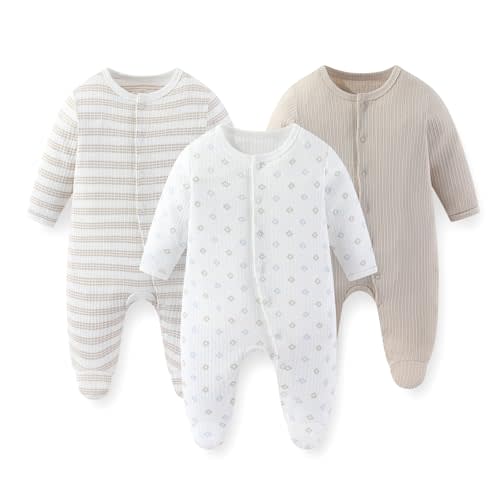 JELYLOVE Unisex Baby Boy Girl Footies Rompers Cotton Long Sleeve 3 Pack Infant Jumpsuits 0-12Months Babies' Outfits
