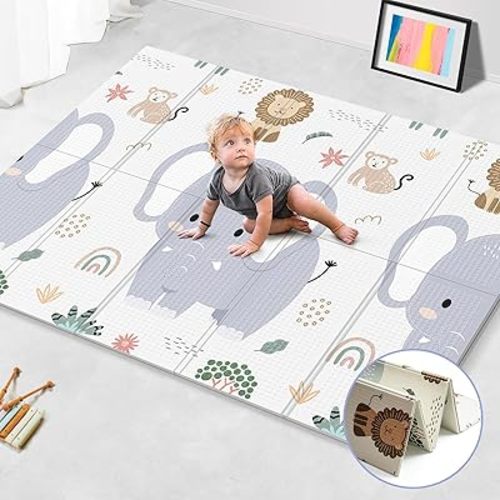 Foldable Foam Baby Play Mat for Floor, Babies Activity Tummy Time Playmat, Kids Non Toxic Foam Thick Play Mat for Baby, Toddlers, Waterproof & Anti-Slip Crawling Mats, Elephant,71x59