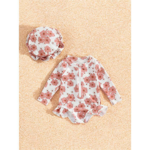 2 Pc Baby Girl Pink Flower Swimsuit with Ruffle Hat