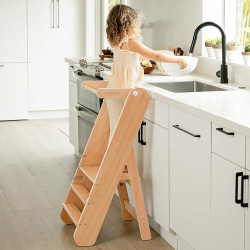Comfy Cubs Kids Step Stool for Ages 3+, 3 Height Adjustable Toddler Tower, Montessori Furniture Designed in The US - Toddler Standing Tower for Kitchen Sink & Bathroom Access - Natural Wood