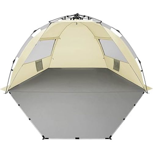 Oileus X-Large 4 Person Beach Tent Sun Shelter - Portable Sun Shade Instant Tent for Beach with Carrying Bag, Stakes, 6 Sand Pockets, Anti UV for Fishing Hiking Camping, Waterproof Windproof, Khaki