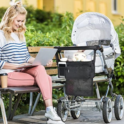 Momcozy Stroller Organizer, with 2 Non-Slip Stickers and 2 Large Capacity and Detachable Mesh Bags, Fits All Strollers Like Britax, Uppababy, Baby Jogger Stroller - Dark Black