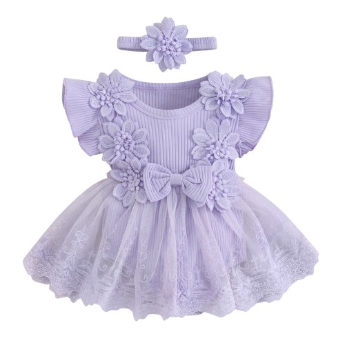 Hirigin Baby Girl Lace Romper Dress Short Sleeve Ruffle Mesh Tutu Dress 0 3 6 12 18 Months Cute Jumpsuits with Headband