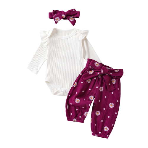 Suealasg Baby Girls Winter Outfits Clothes 3M 6M 12M 18M 24M Infant Girls Long Sleeve Romper + Flower Print Belted Pants + Headband Sets 3Piece Casual Fall Warm Clothing for Newborn Girls