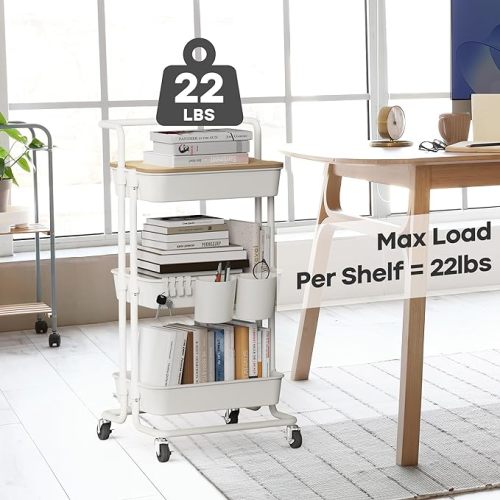 DTK 3 Tier Rolling Cart Uility Cart with Cover Board, Mobile Storage Cart Trolley with Wheels, Cups, Hooks for Office Kitchen Bathroom Homeschool Art Craft Postpartum Teacher Cart Organizer(White) - Medium-Plastic&Metal